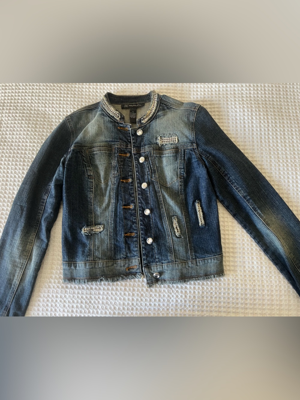 INC International Concepts Washed Blue Denim Jacket with Embellished Trim